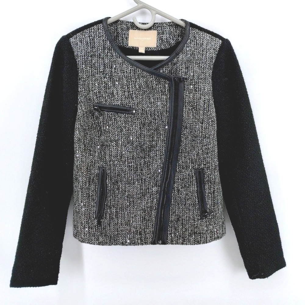 Banana Republic Tweed‎ Moto Jacket Blazer Black Faux Leather Trim Size 4